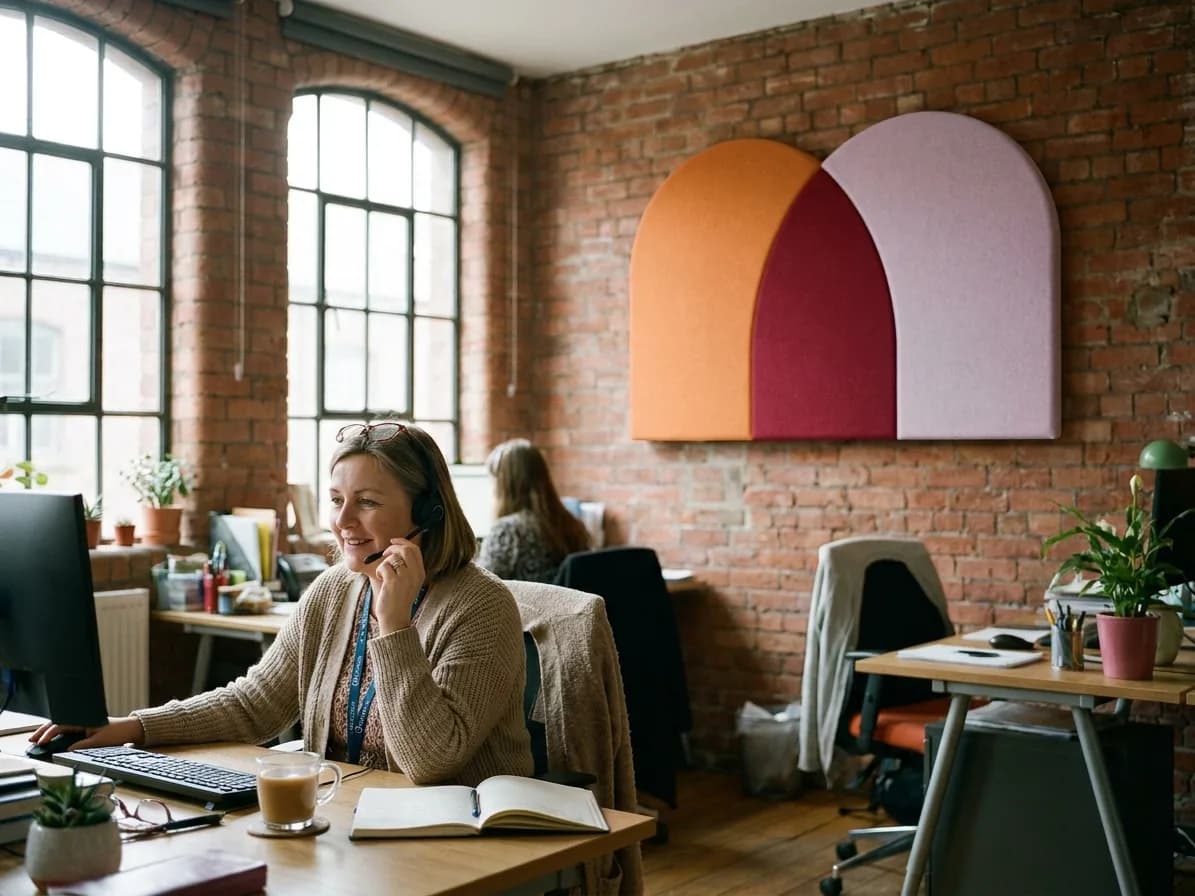 An adviser with a mug of tea smiling on a headset call in a converted Manchester mill office, a felt panel in the shape of the MoneyEase mark on the brick wall behind her.