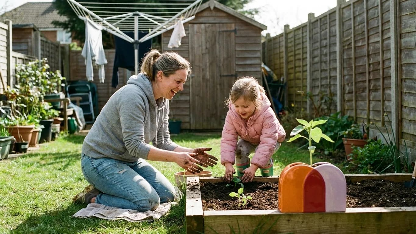 A mum and her little girl laughing as they plant seedlings in the back garden of their terraced house, beside a planter in the shape of the MoneyEase mark.