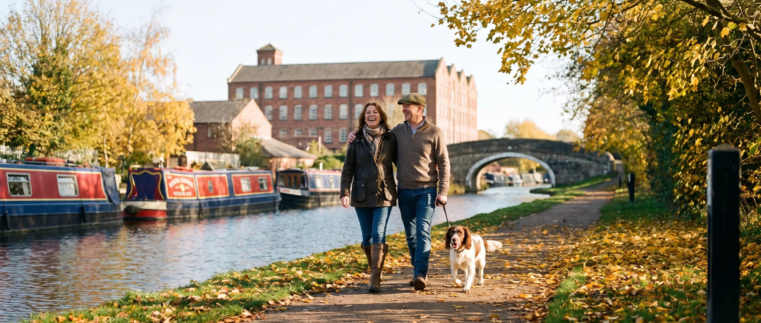 A couple laughing as they walk their spaniel along a canal towpath in autumn, narrowboats moored beside them and a red-brick mill beyond.