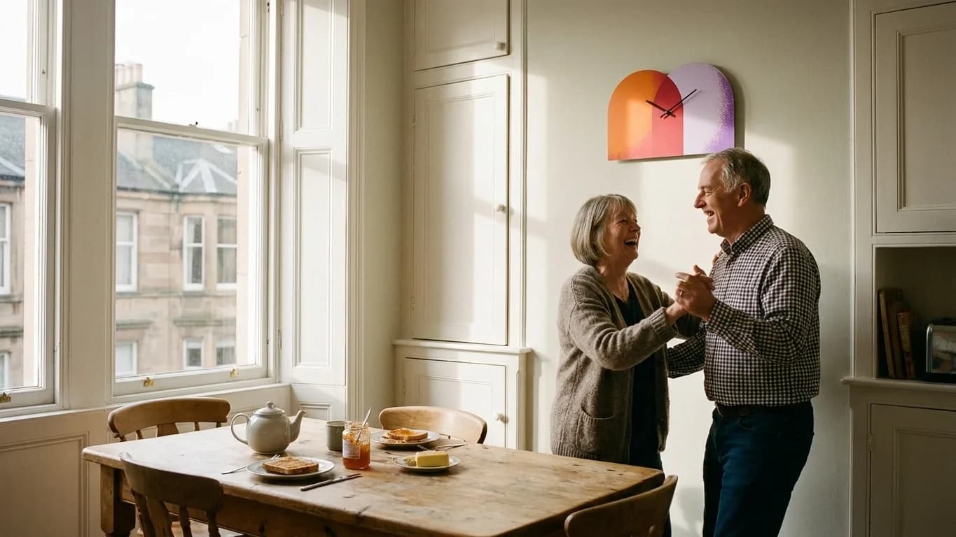 A couple in their sixties dancing in the kitchen of their Edinburgh tenement flat, under a wall clock in the shape of the MoneyEase mark.